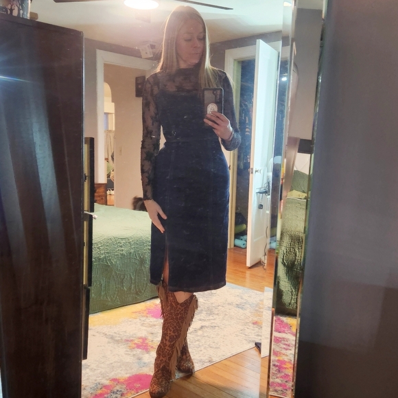 Steve Madden Giselle Dark Wash Denim Midi Dress Front Slit - Picture 3 of 3